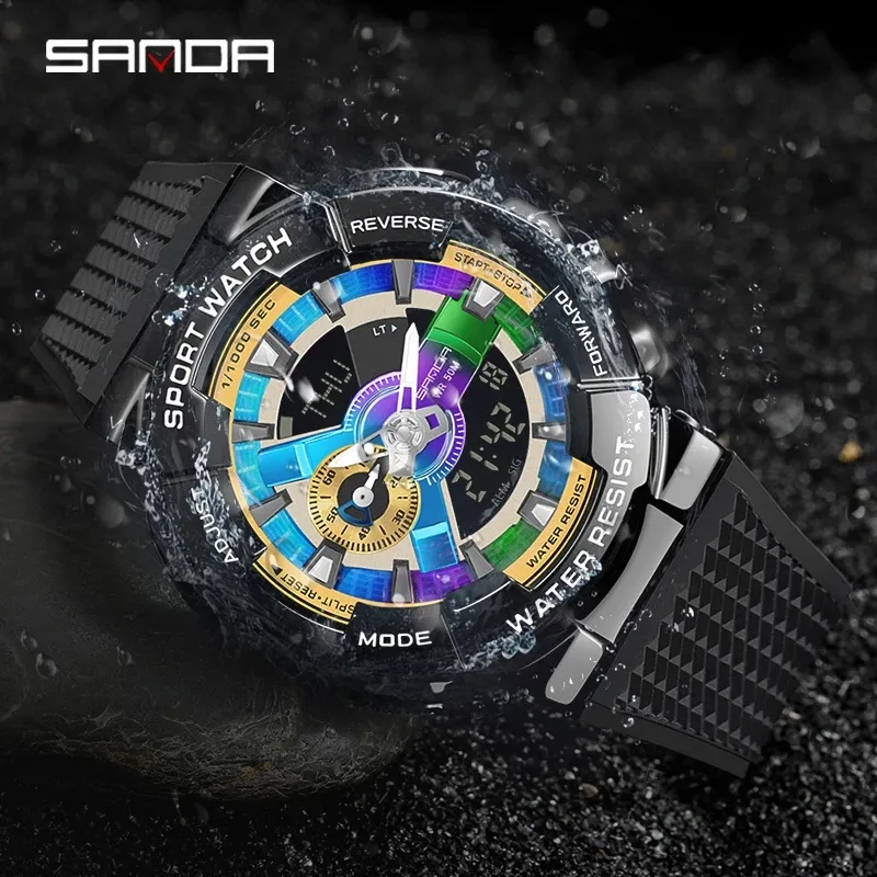 Sanda men 9004 estilo con función de lámpara de mano levantada personalidad creativa Hombre Doble pantalla Movimiento sincrónico Reloj electrónico