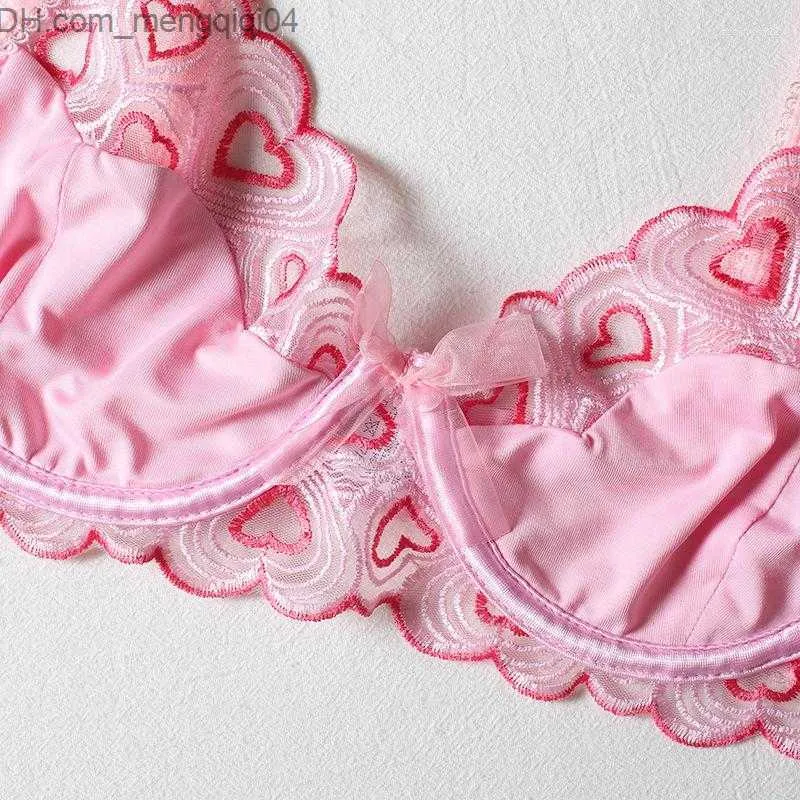 Delicate Pink Lace Lingerie Set With Love Heart Embroidery Womens