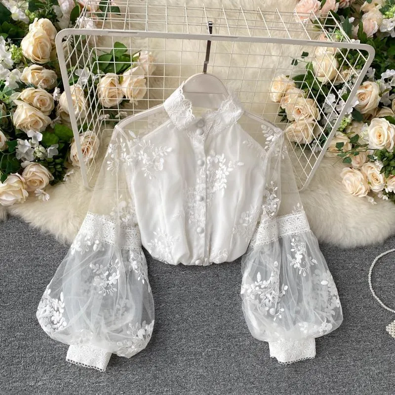 Women's Blouses Mesh Lace Blouse Women Fashion Stand Collar Three-Dimensional Embroidered Lantern Sleeve Slim Fit Lady's Blusas White