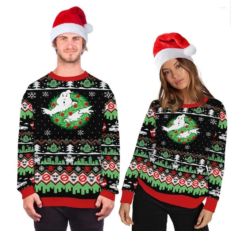 Camisolas Femininas Moda Ugly Christmas Pullover Filme Personagens de Desenho Animado Impressão 3D Gola Redondo Casal Camisolas de Manga Longa