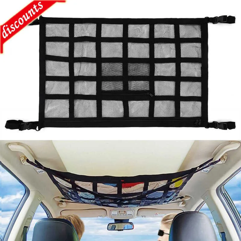 Car Ceiling Cargo Net With 3 Pockets - 31.5x21.6 Inch Roof Storage Organizer For SUVs And Vans