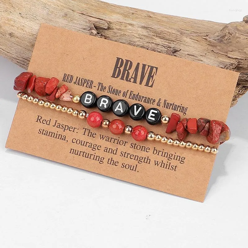 Strand 10pcs Ghiaia Brave Word Chip Red Stone Quartz Bracciale Handmade Gold Beads The Of Endurance Nurturing Jewelry Set Card