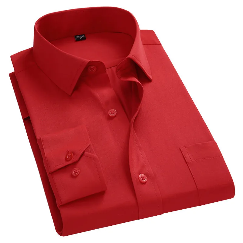 Men's Dress Shirts Men Business Casual Long Sleeved Shirt For Male Solid Color Dress Shirts Slim Fit Chemise Homme Camisa Social Red 8XL 230710