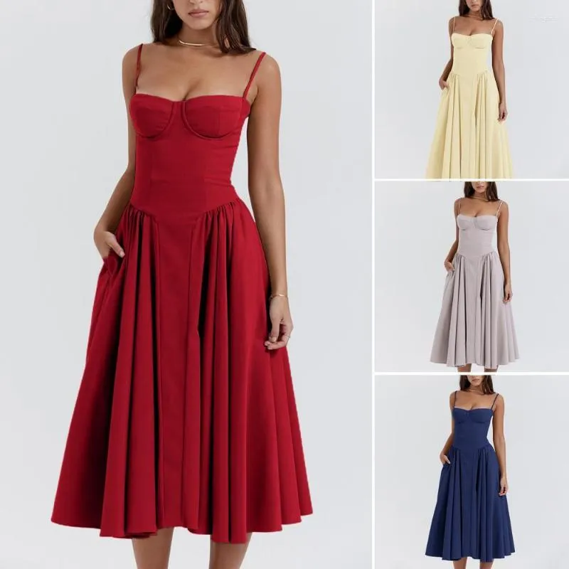 Summer Bandeau Sling Strapless Midi Dress with Corset Design, Loose Hem, Pockets, and A-Line Midi Style for Women - Perfect for Casual Parties and