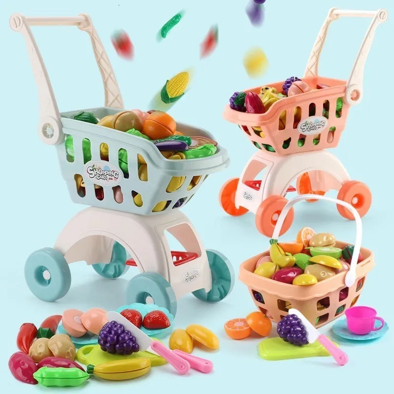 キッチンは食べ物の子供のおもちゃを演奏する大型スーパーマーケットショッピングカートトロリープッシュカーおもちゃバスケットシミュレーションフルーツフードプレイハウストイ230710
