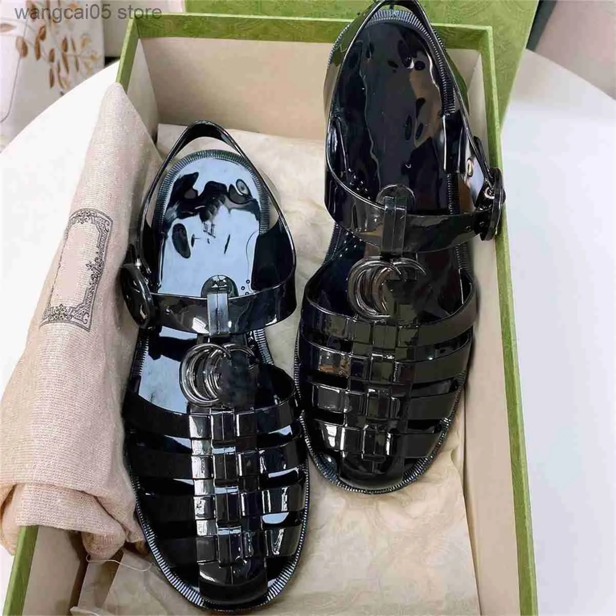 Klasyczni projektanci sandały damskie gumowe kapcie galaretki sandały plażowe płaskie buty na co dzień alfabet cukierkowe kolory Outdoor rzymskie przezroczyste czarne buty rozmiar 35-42 T230710