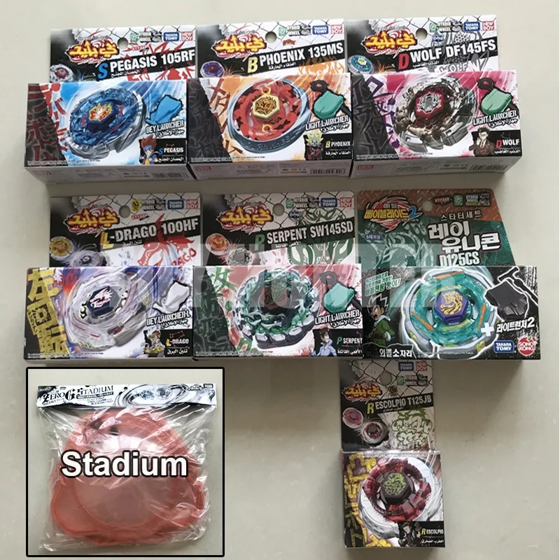 Bączek oryginalna Tomy Beyblade fuzja metalu Turbo Burst jednorożec Phoenix Drago wilk wąż bitwa zero stadion z wyrzutnią zabawka 230707