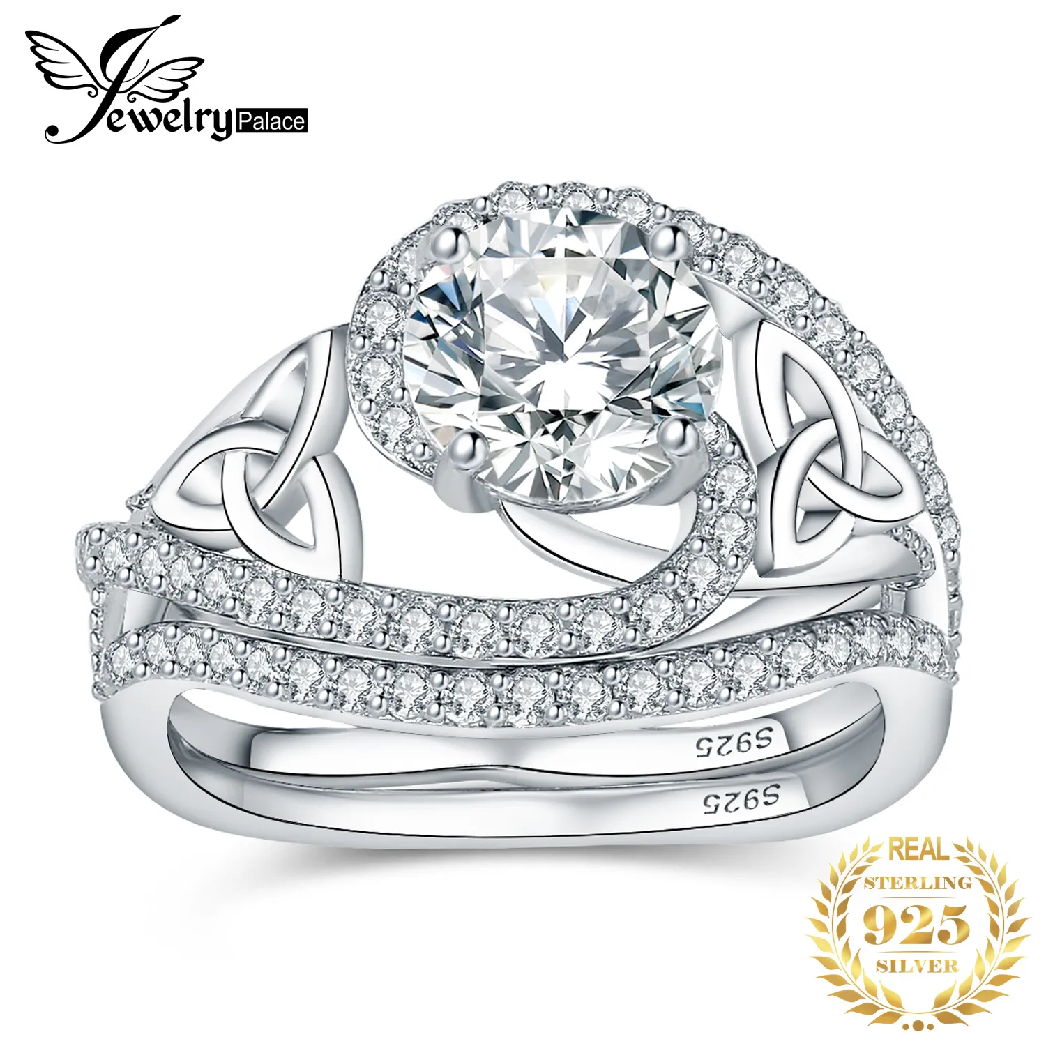 Med sidostenar Smycken 2st 925 Sterling Silver Bröllopsförlovningsring för kvinna Celtic Knot 27ct 5A CZ VVS Simulated Diamond 230707