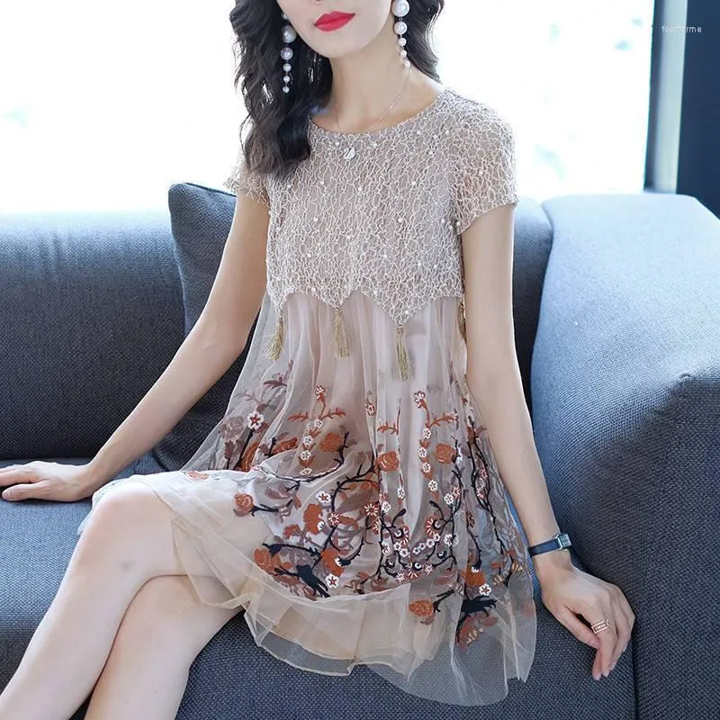 Casual Dresses Summer Dress Woman O-neck Fashion Light Female Slimming Mesh Embroidery Ladies High-quality Style Dreses Vestidos G157