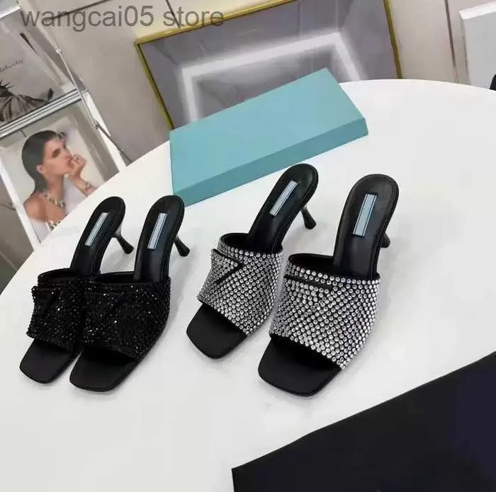 Spring New Crystal diamond Slippers Iconic triangular square head high-heeled women shoes designers women's sexy pearl Rhinestone Beach Sandals T230710
