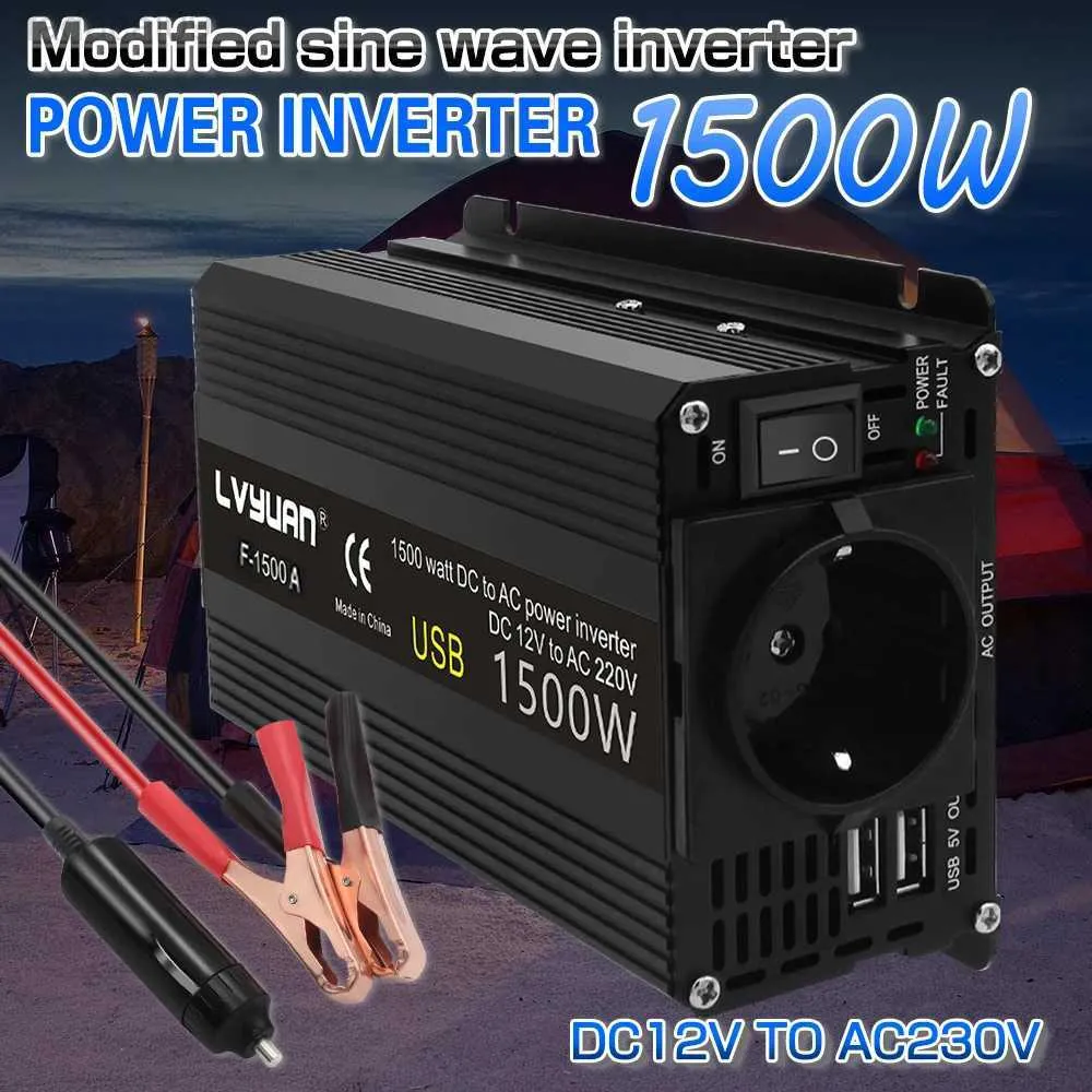 Démarreur de saut 1500W 2000W 2600W DC 12V à AC 220V Convertisseur de convertisseur de voiture portable Transformateur Alimentation du véhicule Prise EU Double USB HKD230710