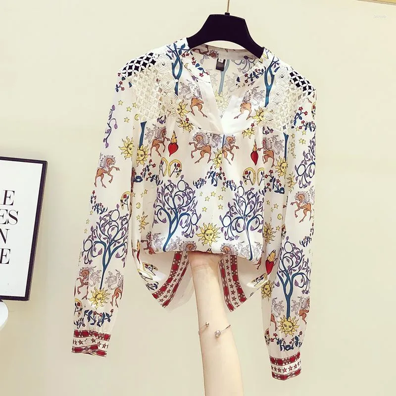 Women's Blouses Off Shoulder Blouse Women Fashion Printed Hollow Lace Patch Shirts Lady All-Matching Loose Chiffon Top 2023 Spring Summer
