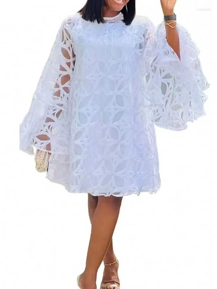 Vestidos Casuais Vestido de Renda Africano Conjunto Feminino de 2 Peças Moda Streetwear Roupas de Verão Manga Borboleta Branco Midi Vestido Senhora Robe de Festa