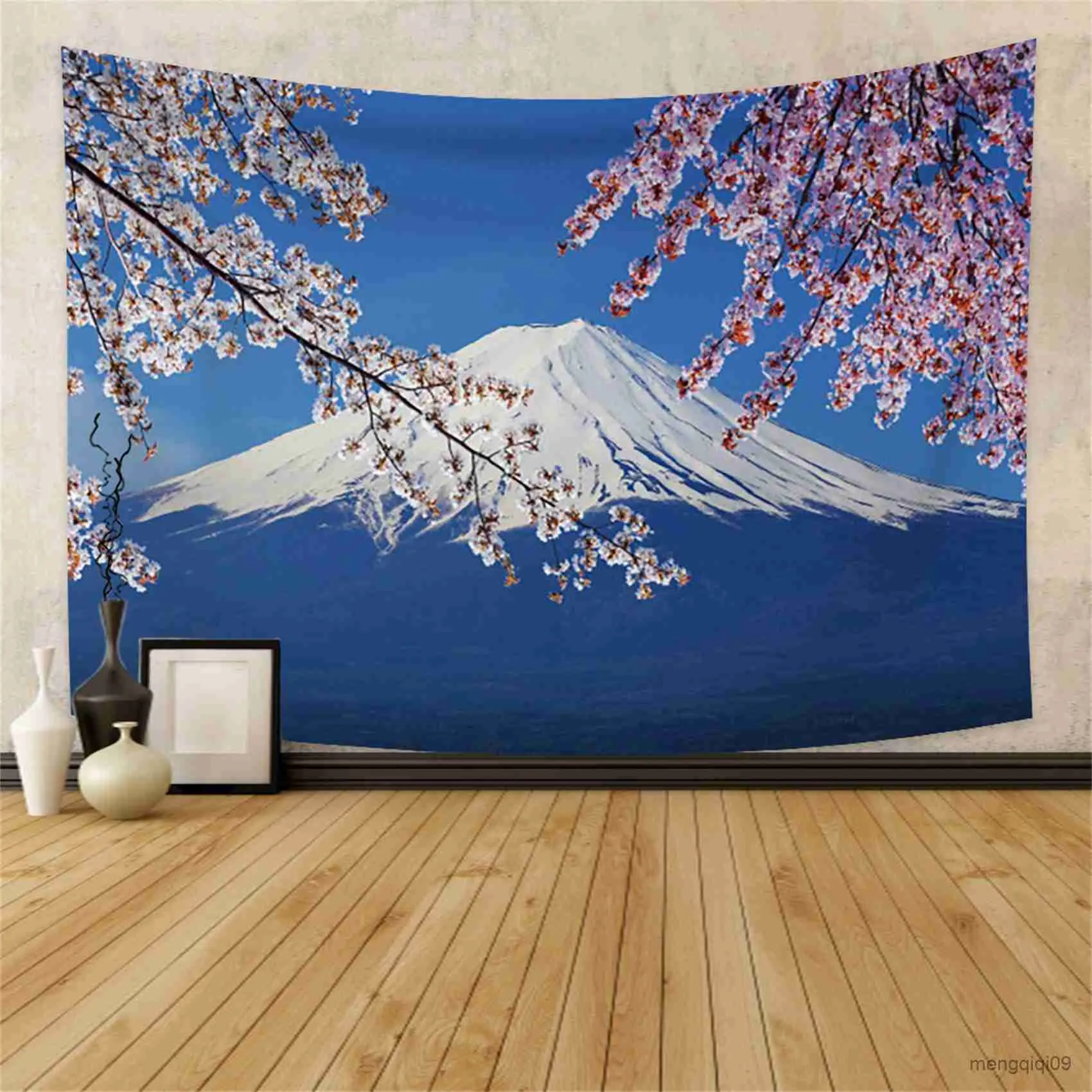 Wandteppiche Mount Fuji Tapisserie Antiker Tempeldruck Kirschblütenrosa Wandbehang Heim- und Wohnzimmerdekoration Tapisserie R230710