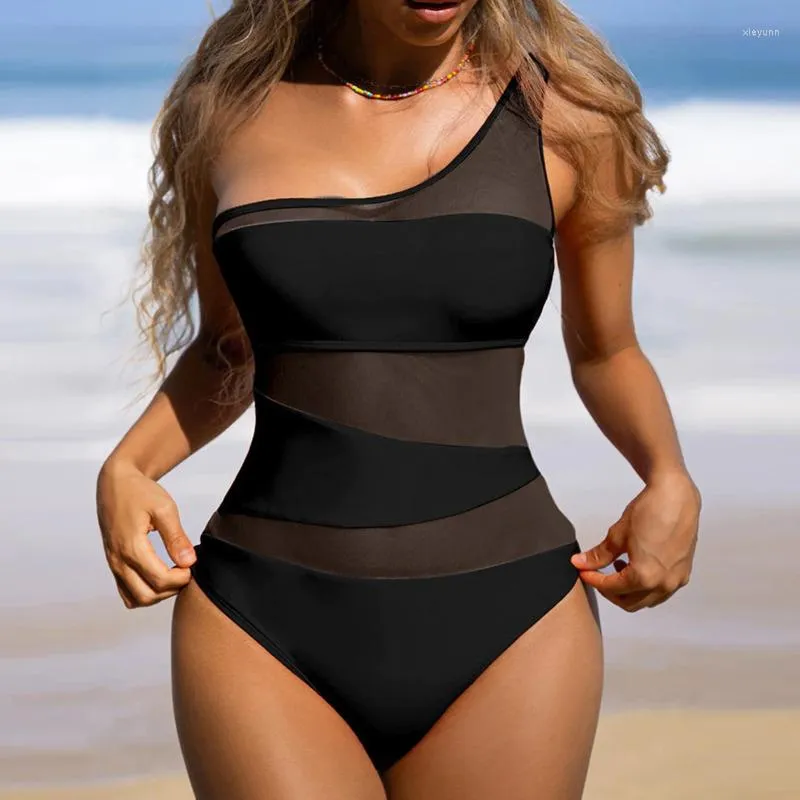 Roupa de banho feminina sexy preto net maiô de uma peça fechado push up roupa de banho feminina corpo maiô para praia piscina banhista 2023