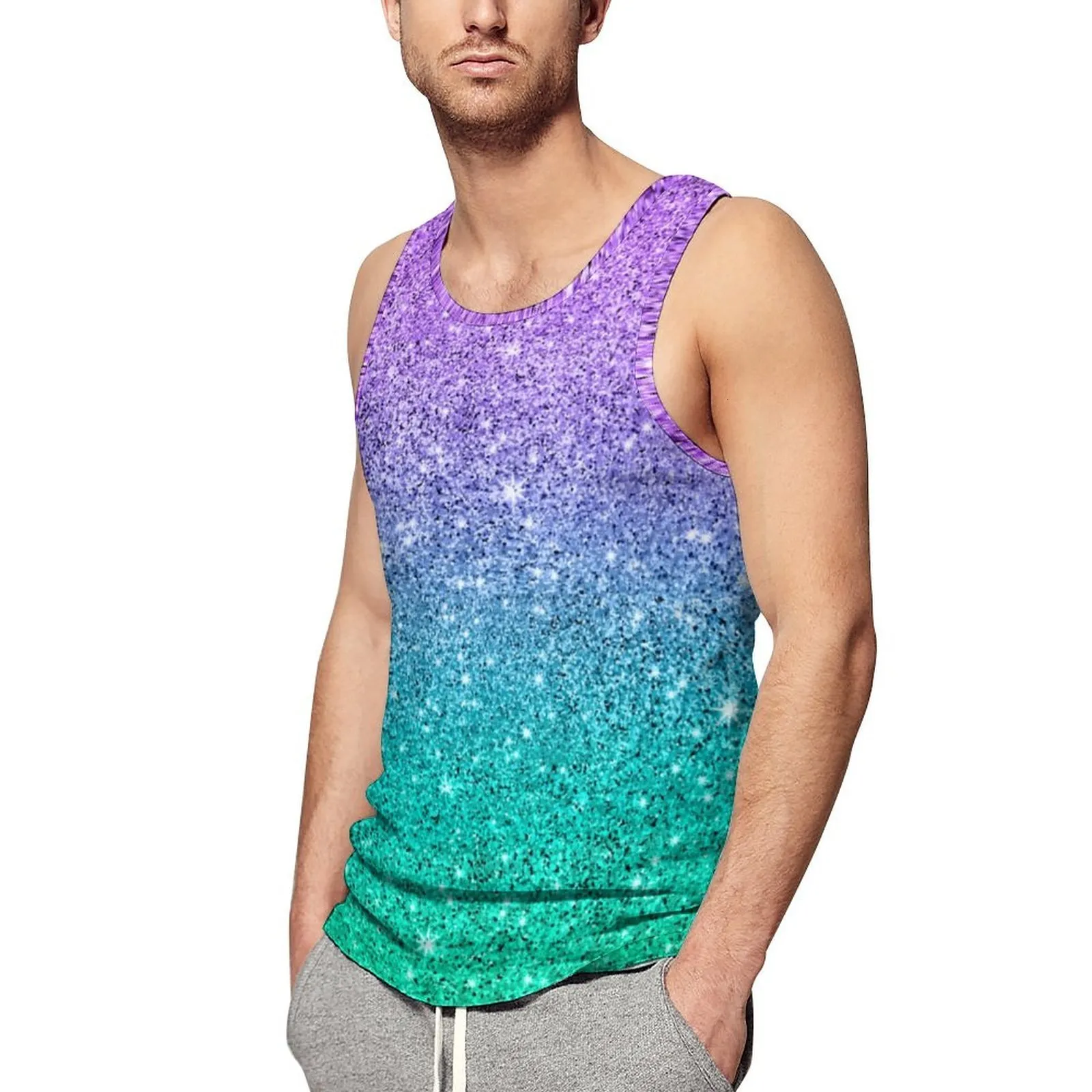 Topy z czołgami męskimi Tekstura Ombre Tank Top Men Purple and Green Glitter Print Gym Overized Tops Mash