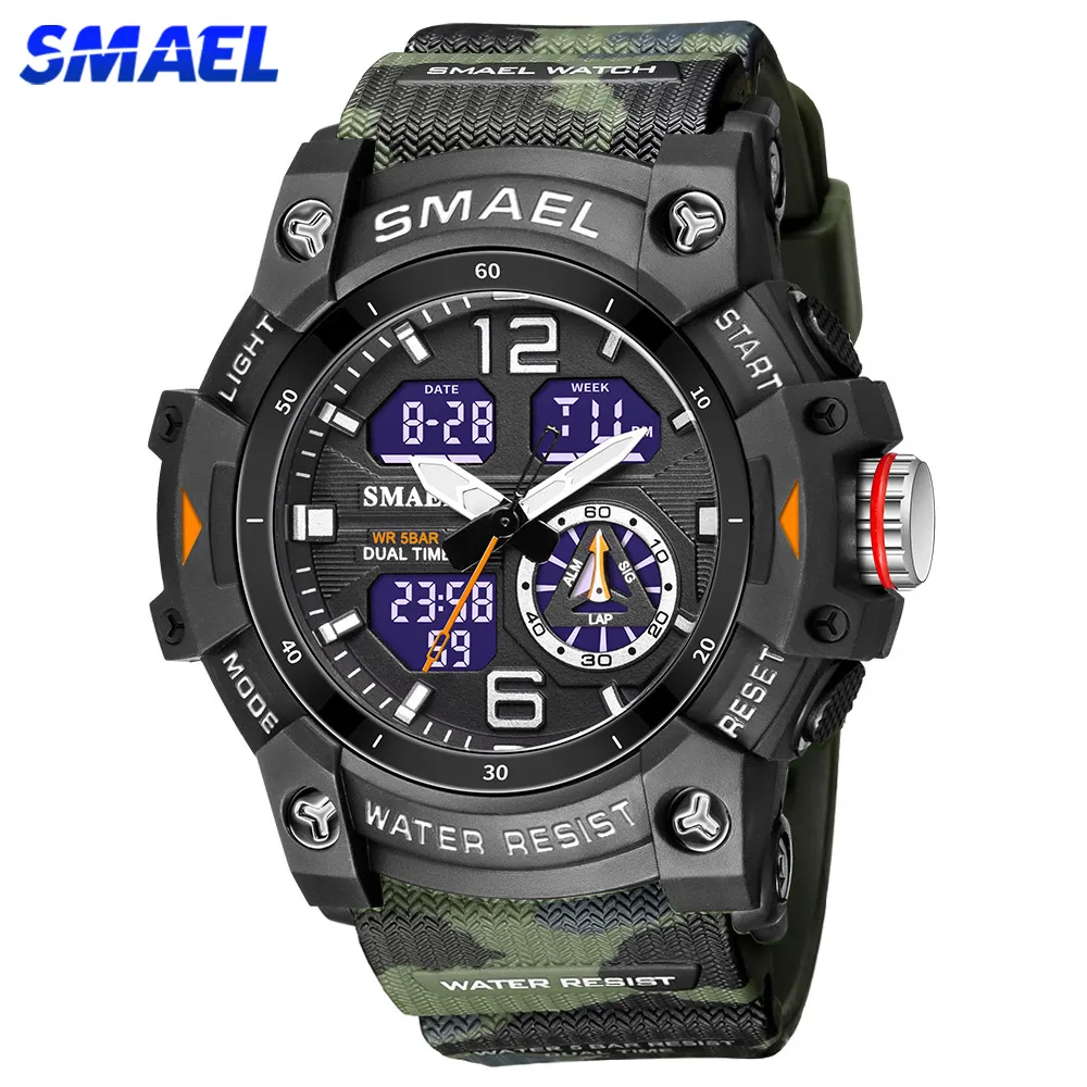 SMAEL Sports Watches Men Camo Watchband Digital Dual Quartz Wristwatches Digital LED Fashion Stopwatch Alarm Military Clock Male