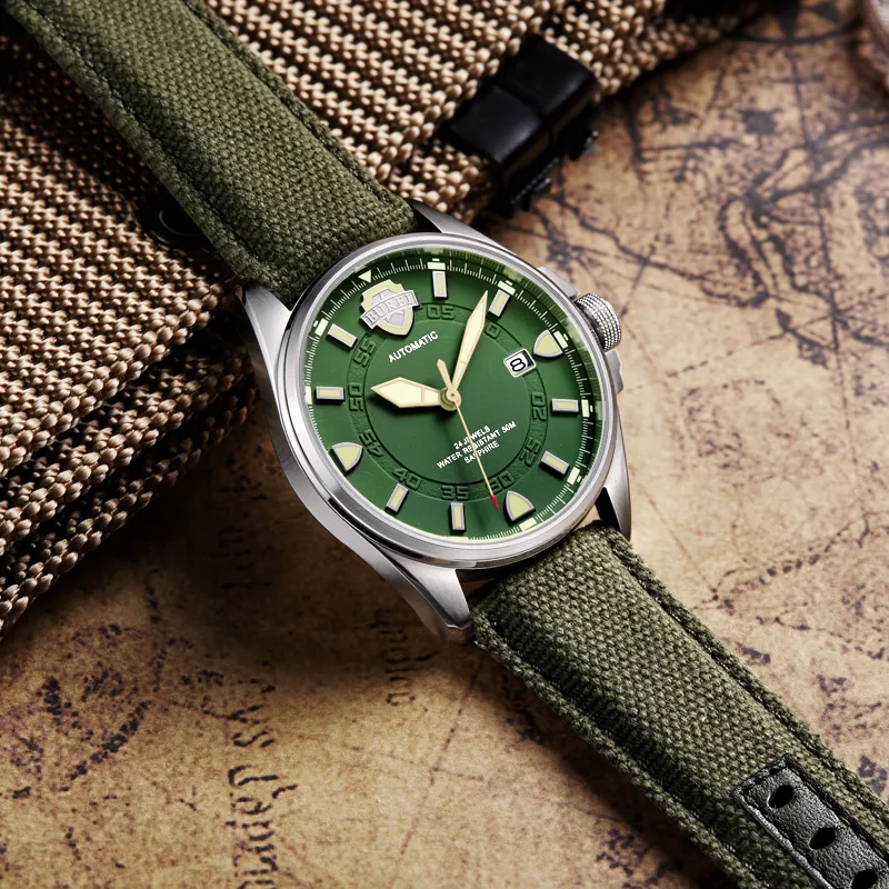 NH35 BUREI Relógio Automático de Marca de Luxo Masculino Safira Exército Verde Relógio Mecânico Militar para Homens Lona Relogio Masculino 2021