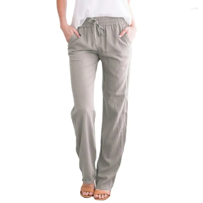 Womens Cotton Linen Drawstring Long Pants Lady Casual Loose Solid Pocket  Trouser