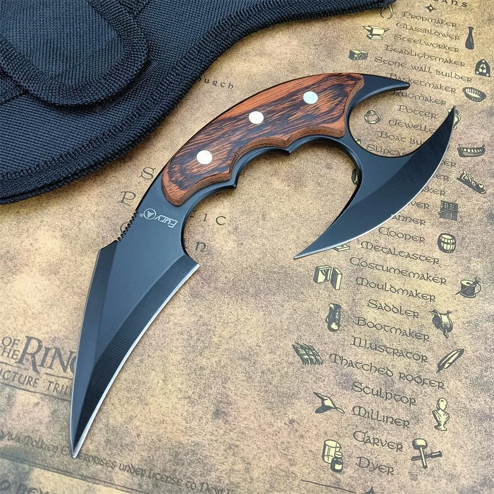Fury 7" Karambit Fixed Blade Claw Knife Double Blade 440C Wood Handle Tactical Camping Hiking Hunting Survival Pocket Utility EDC Collection