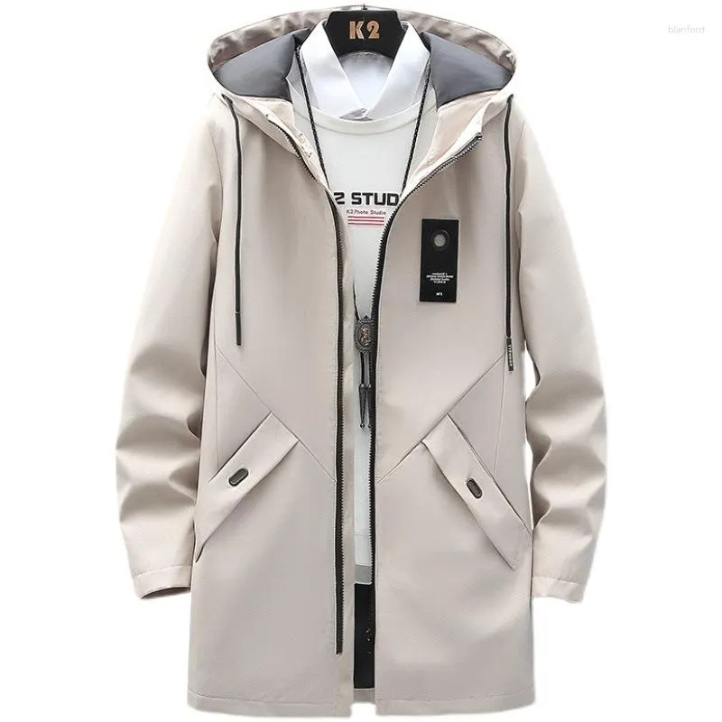 Męskie prochowce 2023 wiosenna i jesienna wiatrówka koreańska wersja średniej długości płaszcz z kapturem Trend młodzieżowy Casual Fashion Top