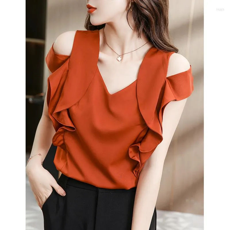 Women's Blouses COIGARSAM Blouse Women Ruffles Silk V-Neck Blusas Womens Tops And Drop