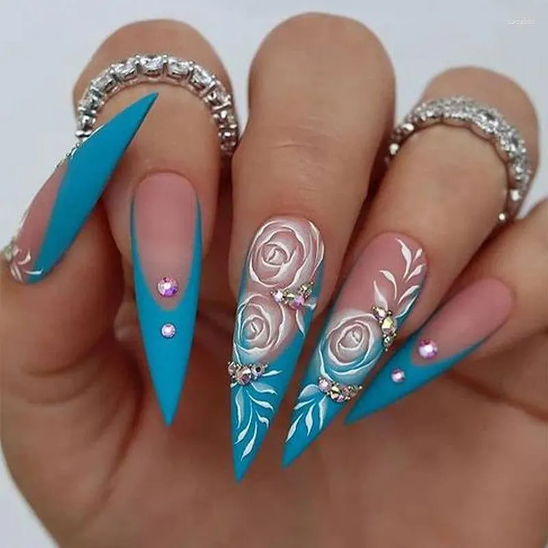 False Nails 24Pcs Blue French Beveled Edge Flower Design Full Cover Stiletto Nail Tips 3D Rhinestones Long Almond Fake