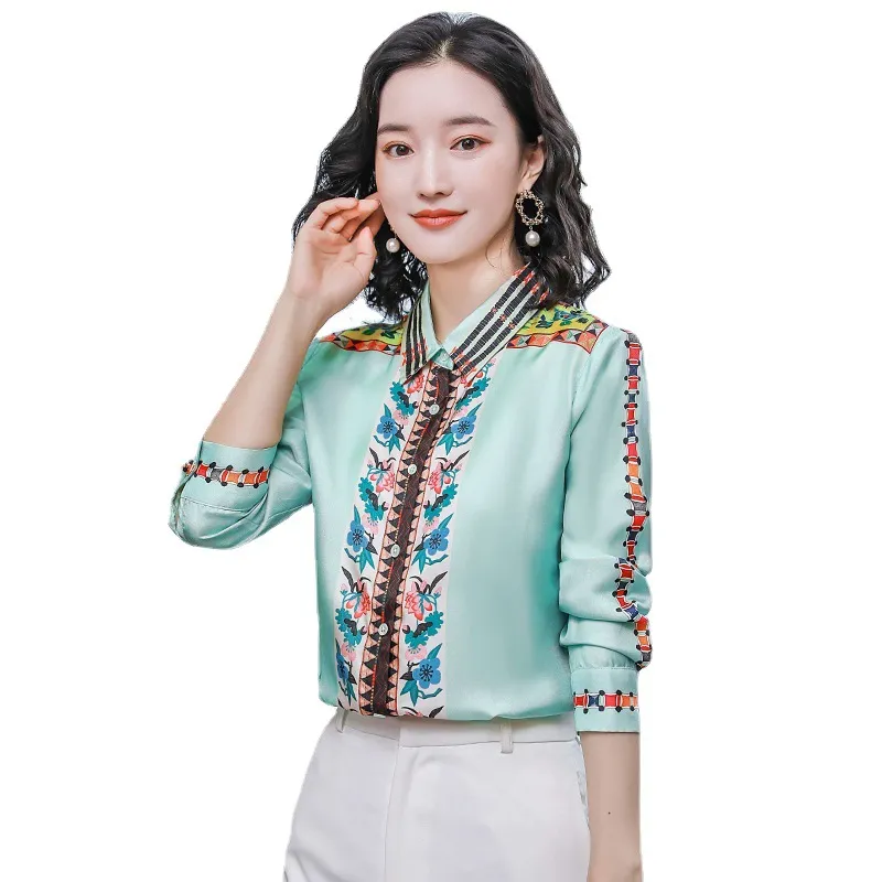 Runway Luxury Retro Silk Satin Shirt Long Sleeve Spring Autumn Winter Womens Designer Button Tops Slim Office Ladies Printed Blous253G