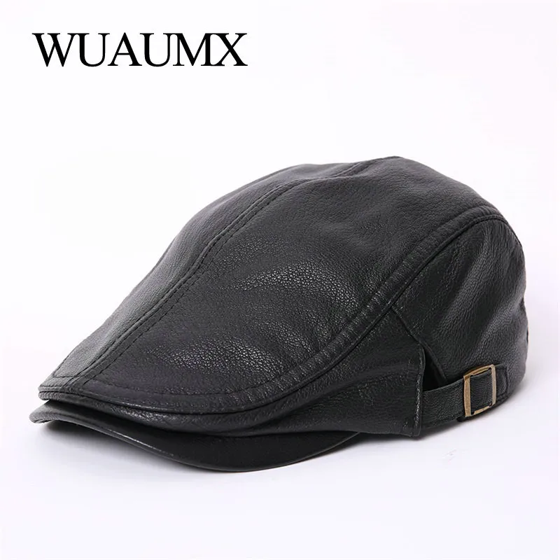 Wuaumx nowy wysokiej jakości skóra owcza berety dla mężczyzn czapka z daszkiem wiosna jesień prawdziwy skórzany kapelusz typu kaczy dziób dla mężczyzn