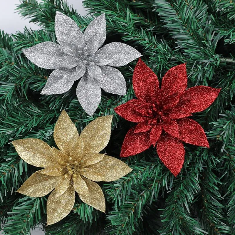 Dekorativa blommor julglitter konstgjord julstjärna julgran dekoration för hemmafest 2023 Navidad år prydnad 7 cm