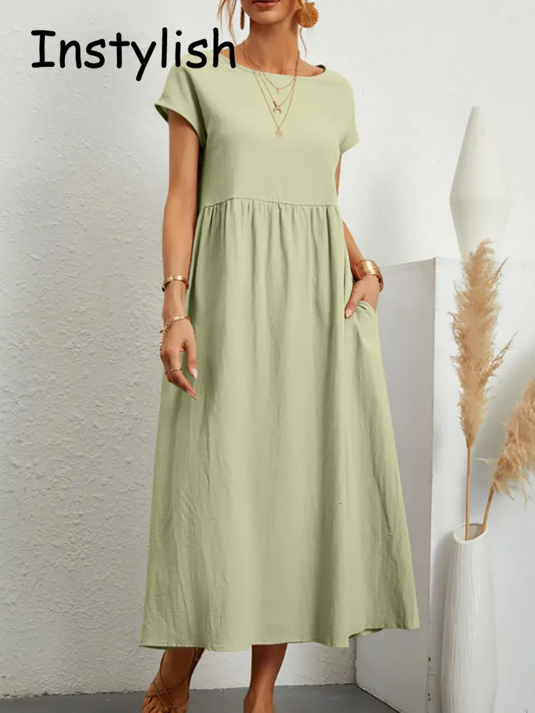 Basic Casual Jurken Vrouwen Elegante Effen Maxi Jurk Zomer Korte Mouw O Hals Vintage Harajuku Katoen Linnen Losse Zonnejurk Y2K Zakken Lange Jurk 230710