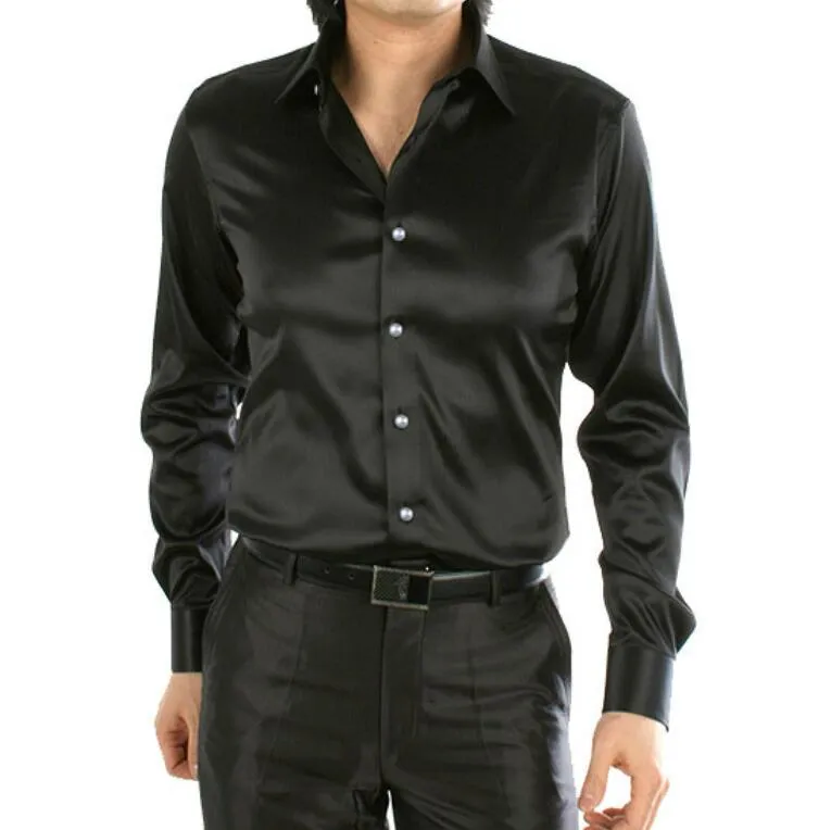 ファッションメンズシャツサテンメンズ長袖カジュアルカップルブラックホワイトウェディングドレスシャツ男性のための
