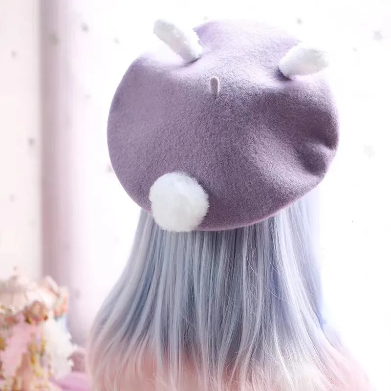 新しいかわいいウサギの耳ベレー帽帽子秋と冬の新日本かわいい女の子ウール紫ペインターキャップ女性の帽子 2022