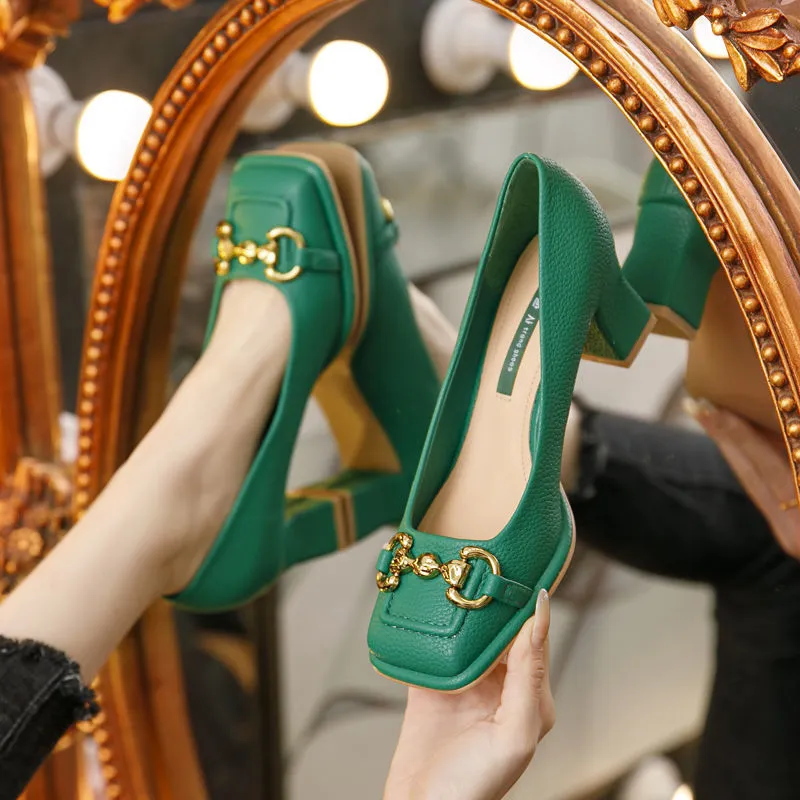 Chaussure habillée s talon moyen été Style français dos vide Femme talon épais bout carré Mary Jane noir vert Talon Femme 230710