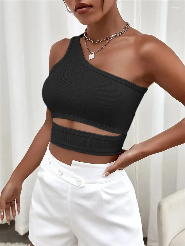 Women's Tanks Solid One Shoulder Ribbed Knit Tank Top For Women Summer Black Sexy Y2K Clothes Street Style Goth Cut Out Crop Streetwear