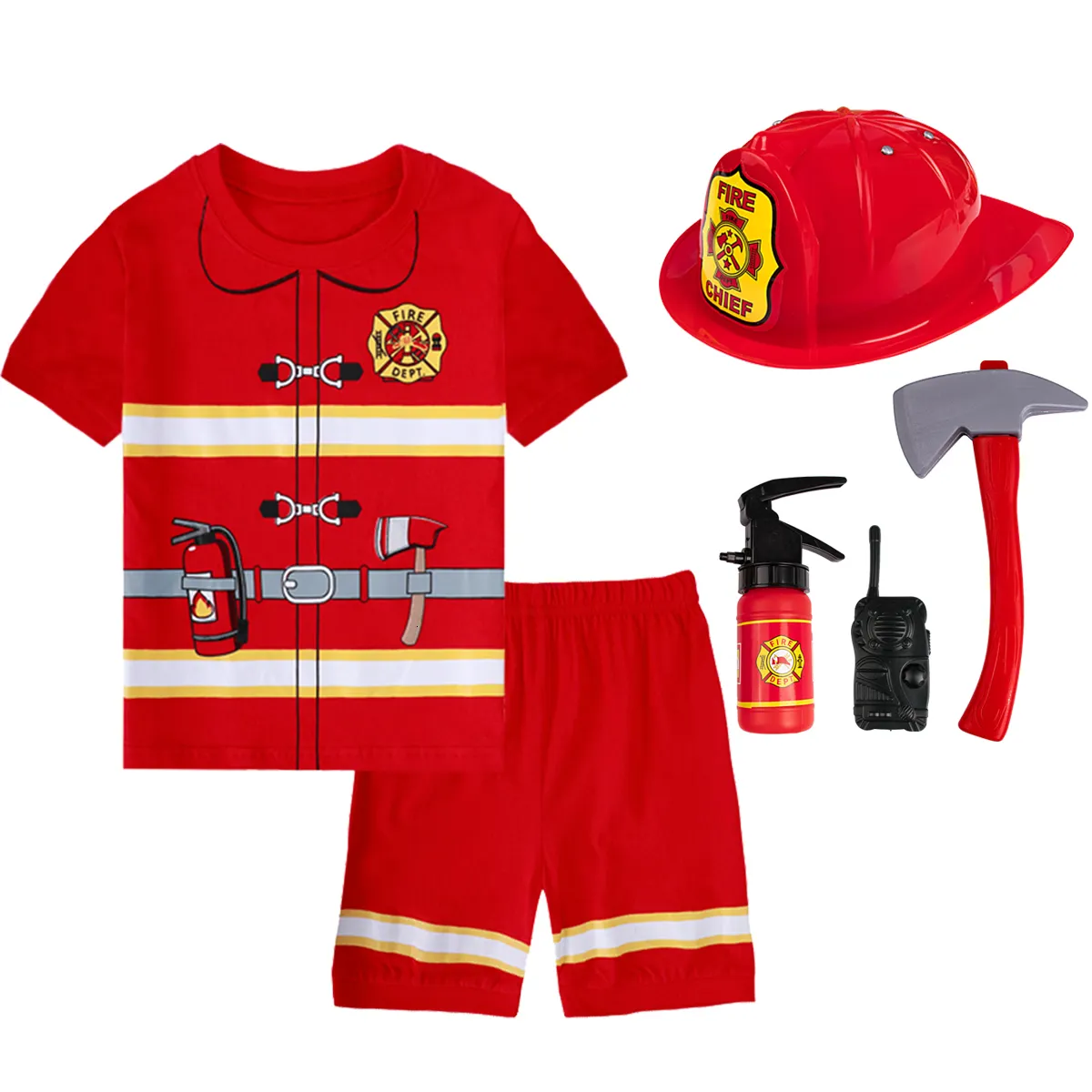 Pajamas Boys Summer Sets Kids Fireman Cosplay Pyjamas Baby Children Short Sleeves Pijamas Cotton Sleepwear with Firefighter Toy 230711