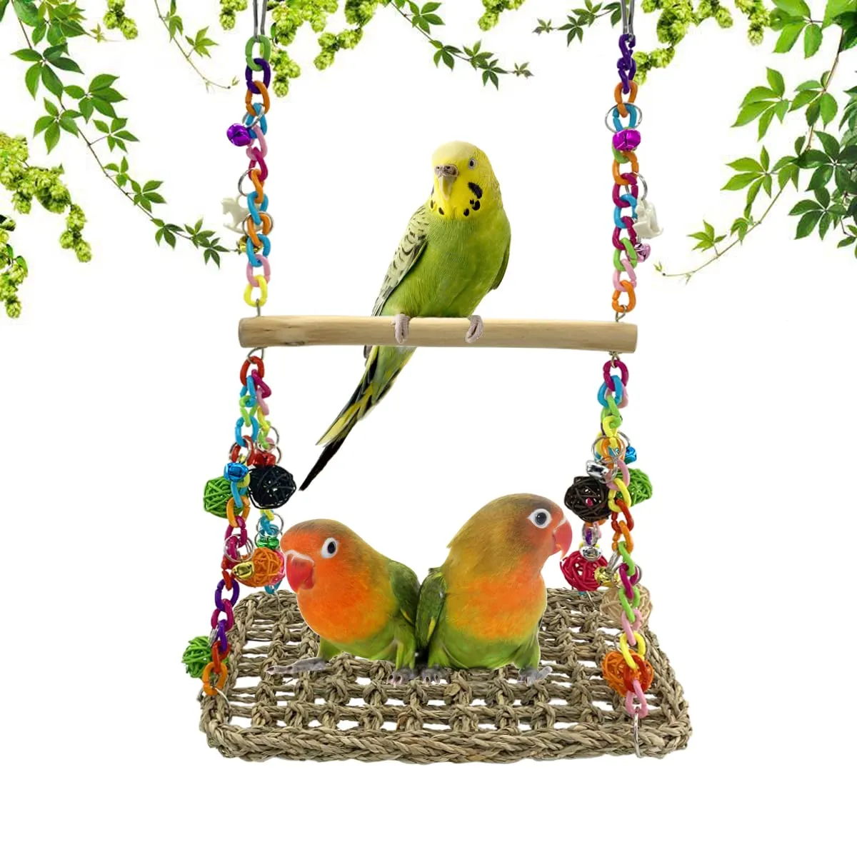 Bird Seagrass Swing Toys con madera Perch Parrot Trapeze Swing Climbing Hamaca Bird Perch Stand Masticar Juguete para Lovebird Cockatiel Budgie Conure