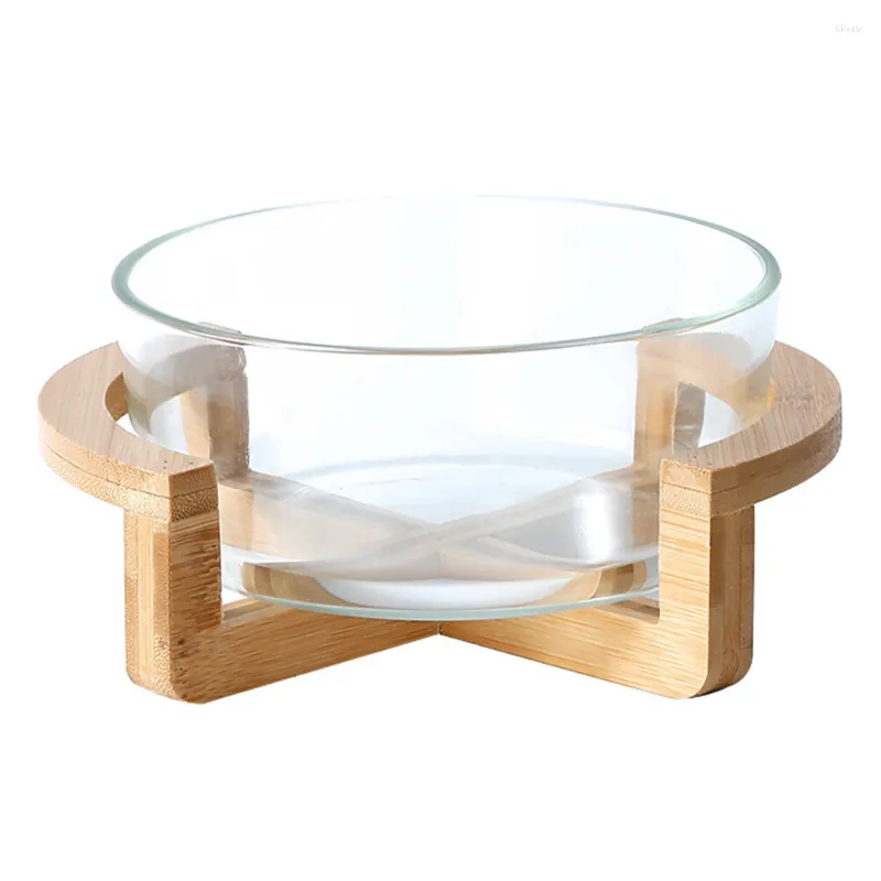 Cuencos 1 juego de ensaladera pequeña de vidrio, recipiente para postres, platos redondos para horno, para servir microondas con Base de soporte de madera
