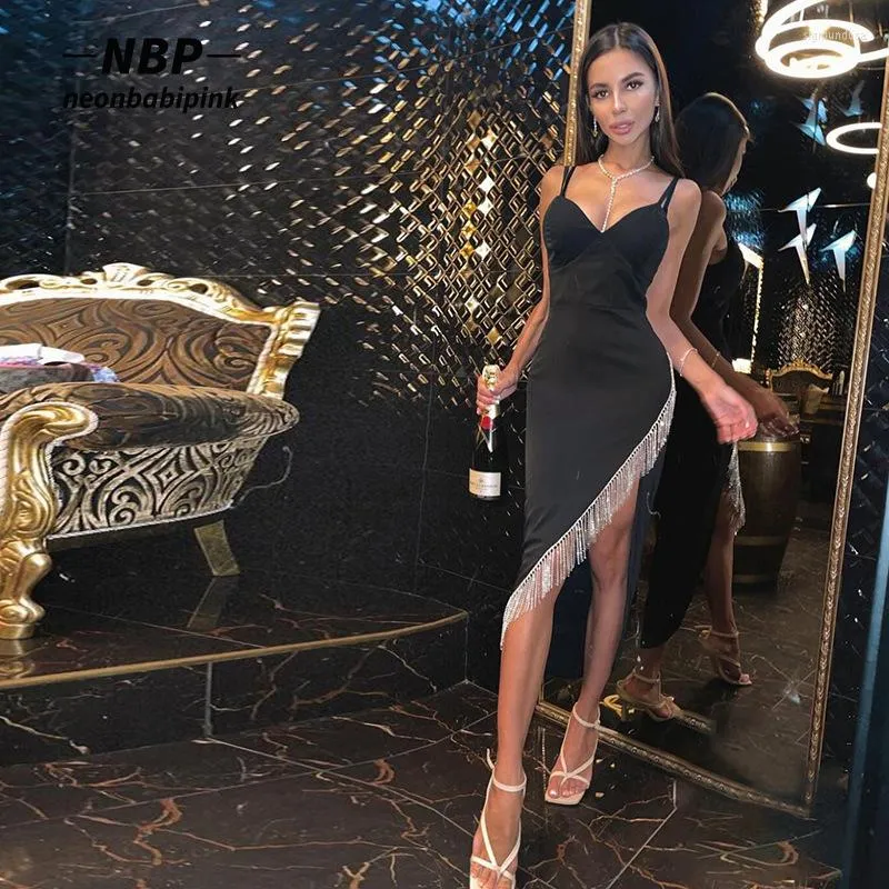 Casual Dresses NEONBABIPINK Elegant Sexy Black Prom Evening For Women Party Rhinestone Tassel Long Maxi Bodycon Slit Dress N83-DF32