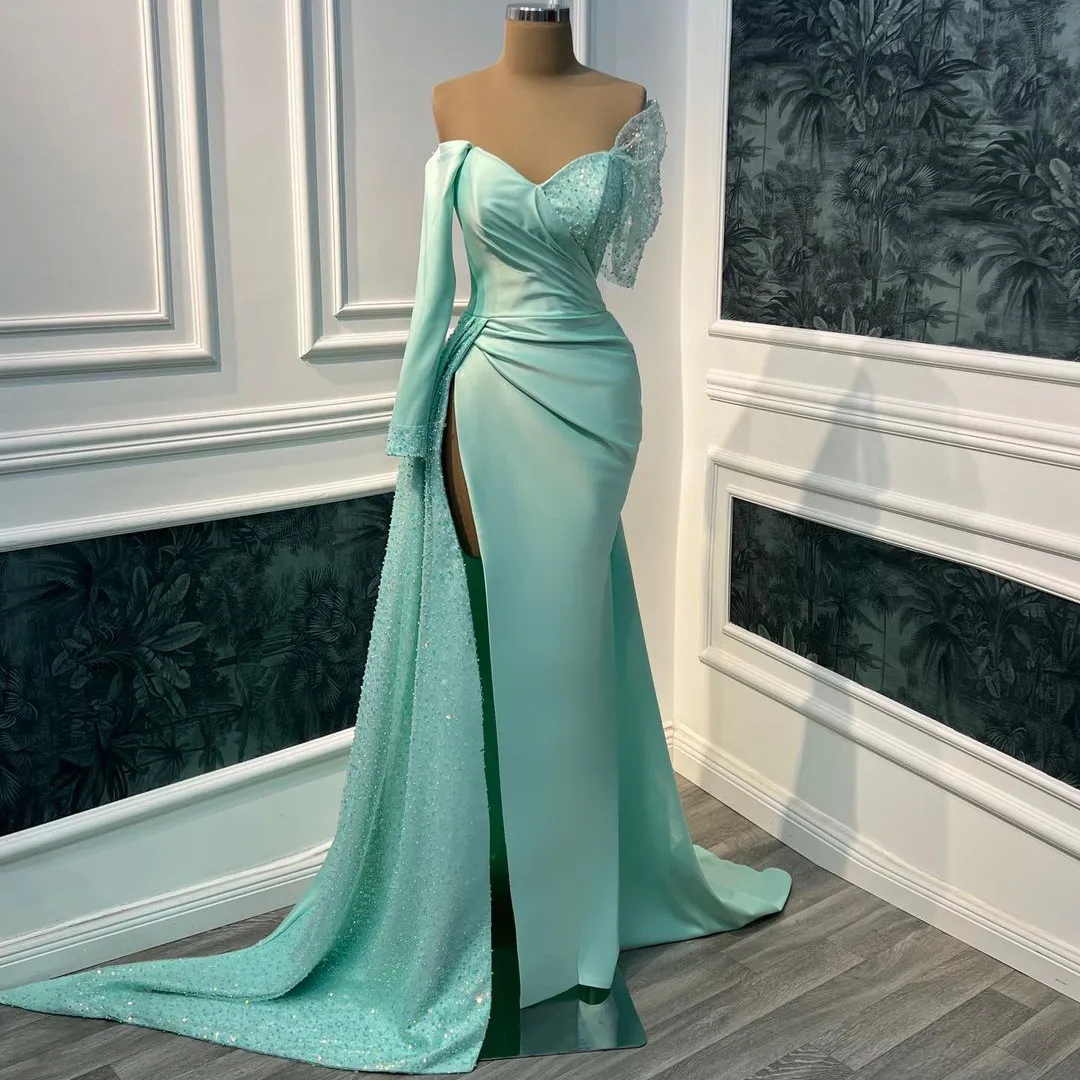 Élégant vert menthe robes de bal hors de l'épaule fendue perlée fête porter des robes de soirée 2023 femmes robe formelle