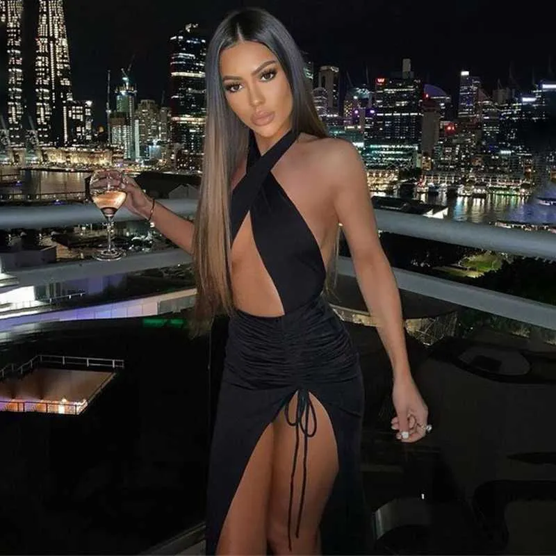 Vestidos Sexy Urbanos Townlike Halter Drstring Sexy Bodycon Bandage Dress Women 2021 Summer Dress Split Oco Out Backless Long Maxi Dresses L230711