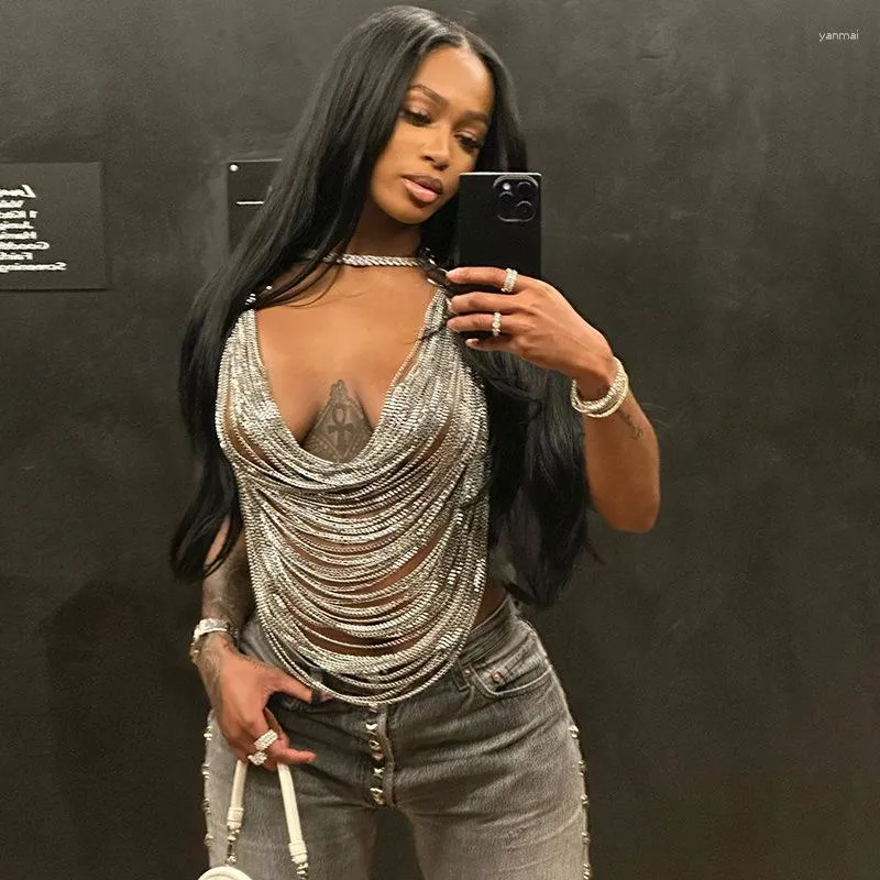 Womens Tank Top Metal Chain Tassel Halter Crop Top Hollow Out