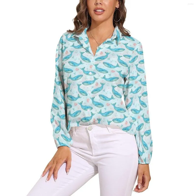 Blusas Femininas Blusa Praia Oceano Náutico Manga Comprida Baleia Azul Retro Feminina Clássica Camisa Oversized Estampada Top Ideia para Presente