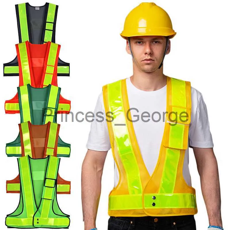 Others Apparel High Visibility Reflective Safety Vest Pocket V Shaped Workwear Traffic Waistcoat Night Work Security Running Cycling Mesh Vest x0711