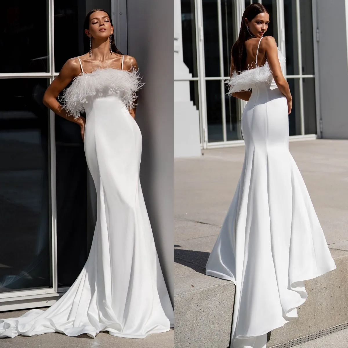 Glamourous Mermaid Wedding Dresses Satin Spaghetti Feathers Wedding Dress Backless robe de mariee bridal gowns