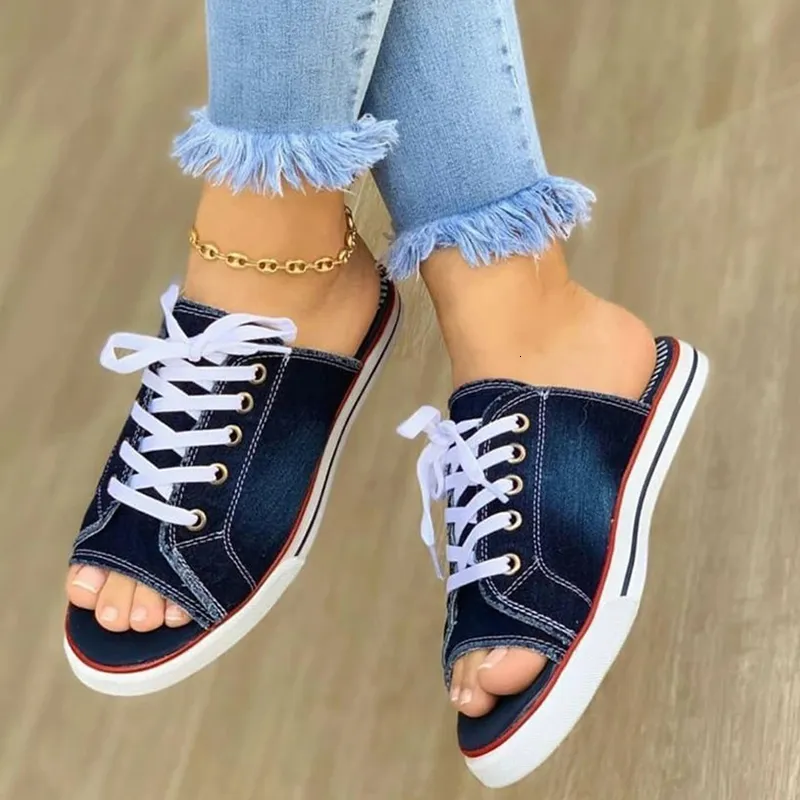 Slippers Ladies Slippers Canvas Lace-up Open-toed Flat-Bottom Casual Women Fashion Denim Beach Shoes 35-43 230710