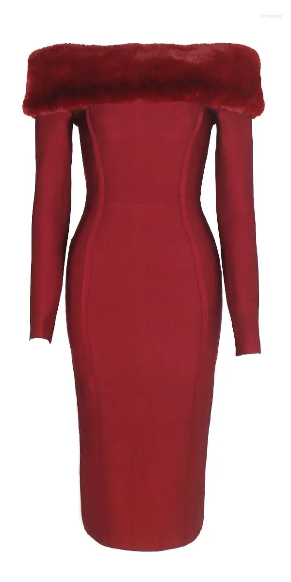 Casual Dresses Women Arrival Wine Red Black Fashion Bandage Dress Long Sleeve Slash Neck Vestidos Midi Celebrity Party