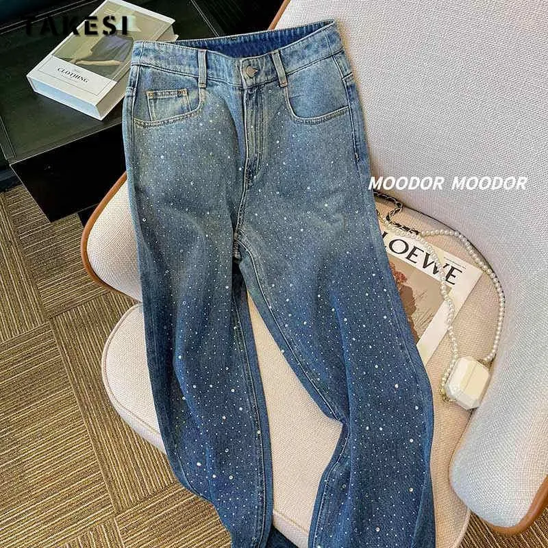 Calça Jeans Feminina Vintage Dot Print Cintura Alta Perna Larga Baggy Y2K Moda Coreana Feminina Estilo de Rua Azul Calça Denim Reta