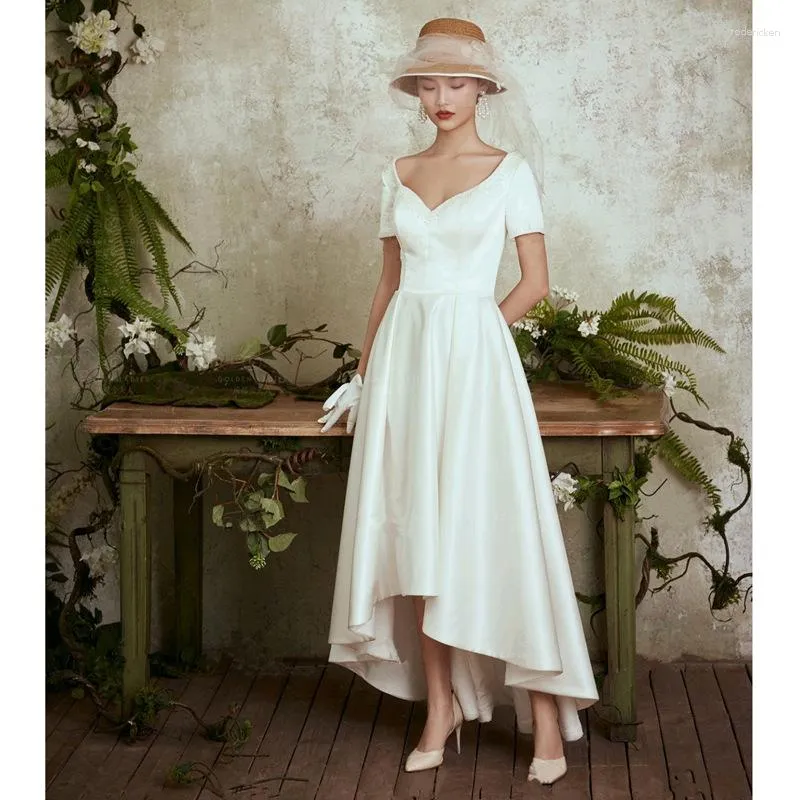 Vêtements ethniques élégant français Simple blanc Satin robes de bal femmes formelles à manches courtes robes de soirée de mariage