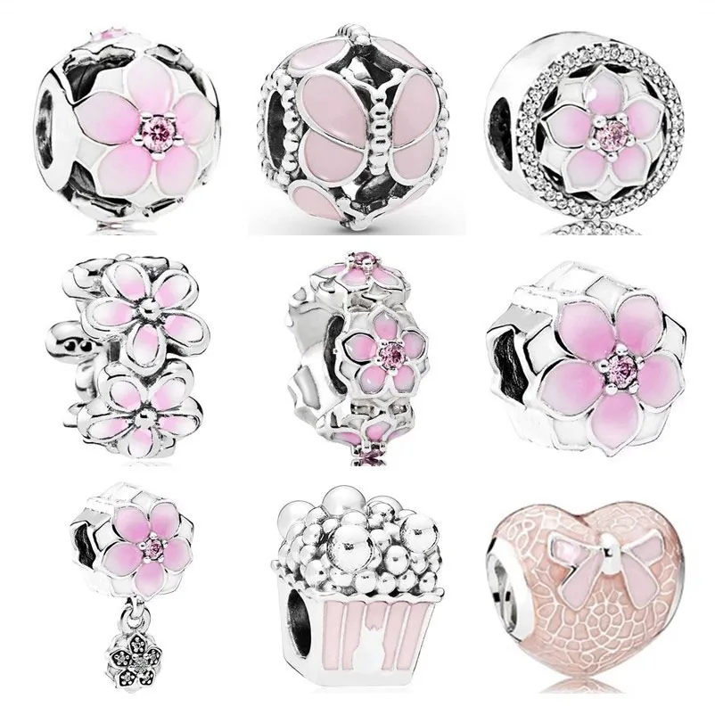 925 Silver Fit Pandora Charm New Pink Love Iris Japonica Series Beading Suit Charm Bead Pendant Bead Dangle Fashion Charms Set Pendant DIY Fine Beads Jewelry